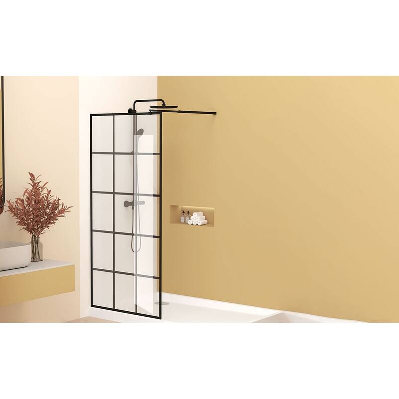GDFStudio - Emerson Frameless Style Shower Screen with Silk-Printed Tempered Glass and Support Bar - 34" Width x 72"Height