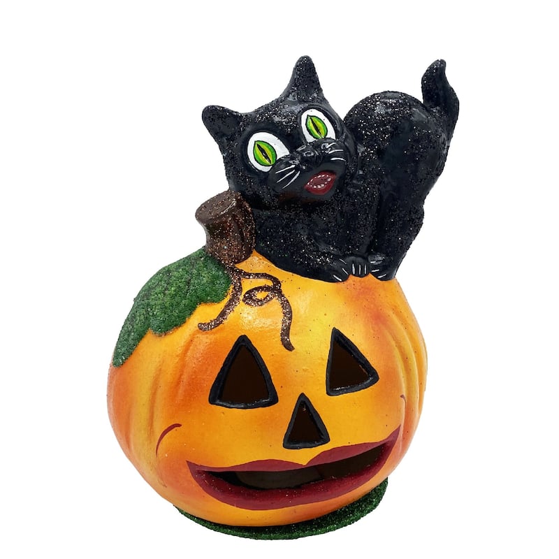 7" Schaller Paper Mache Wide Eyed Cat On Jack O Lantern Halloween Candy Container