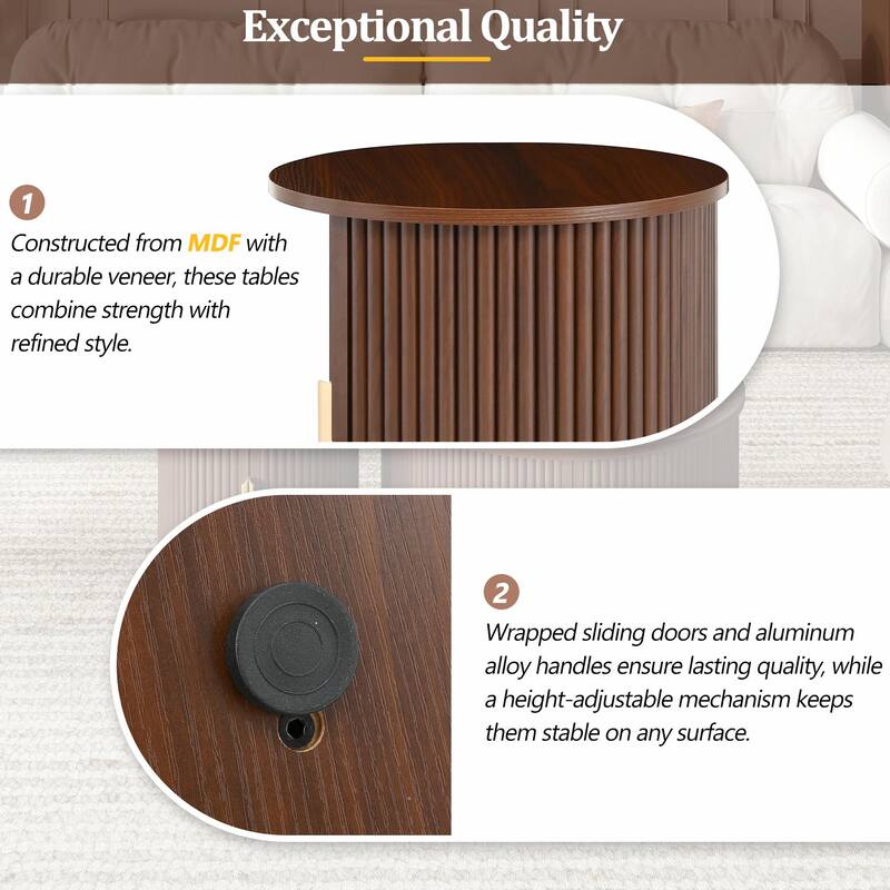 Mid-Century Coffee Table Set with Sliding Tambour Door - Round Fluted End Table with Storage