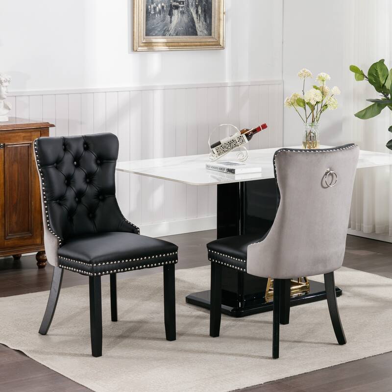 Roomfitters Tufted Dining Chair Set of 2, PU Leather & Velvet Upholstered Accent Chairs with Nailhead Trim - Black+ Grey