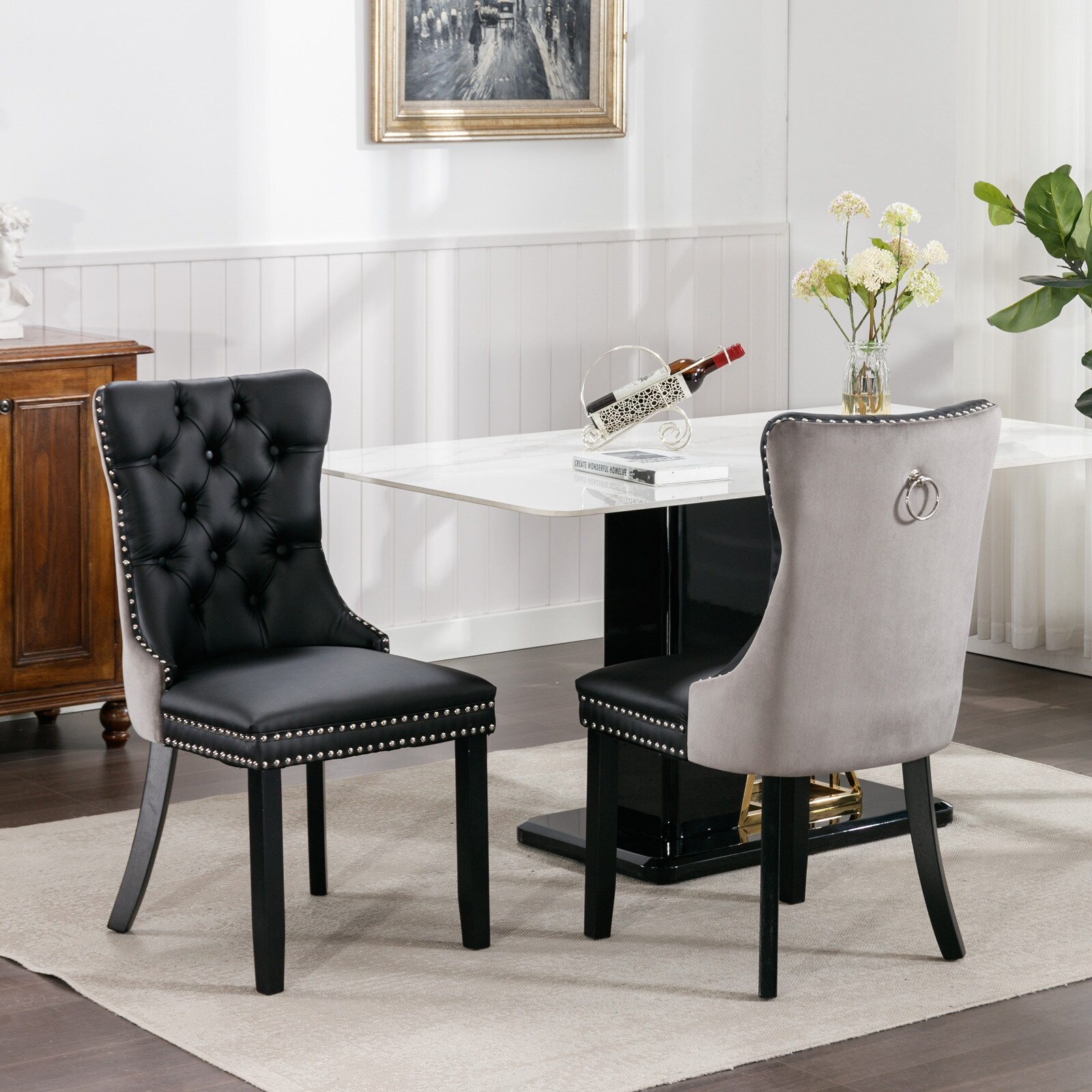 Set of 2 Modern High-End Tufted Solid Wood Upholstered Dining Chair with Nailhead Trim.