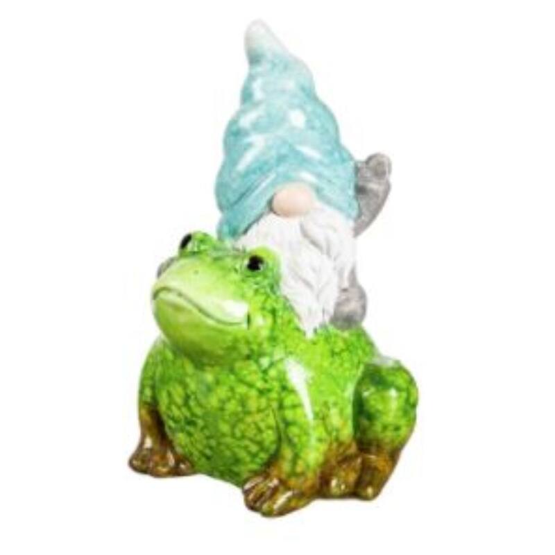 8"H Terracotta Traveling Gnome and Garden Friends Garden Statuary, Teal Hat