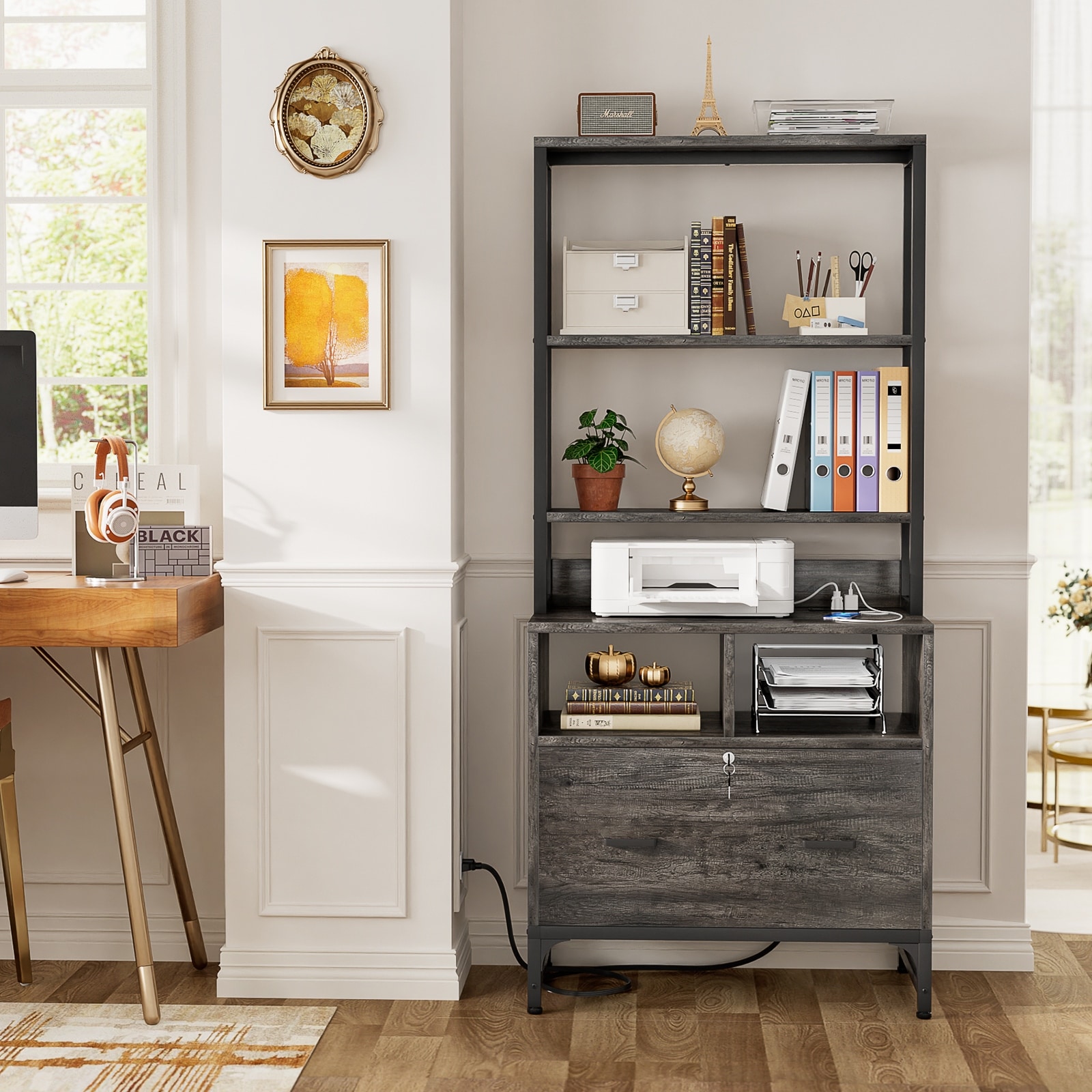 61''H Office File Cabinet with Locked Drawers and Hutch, Sideboard with USB Station and Hutch