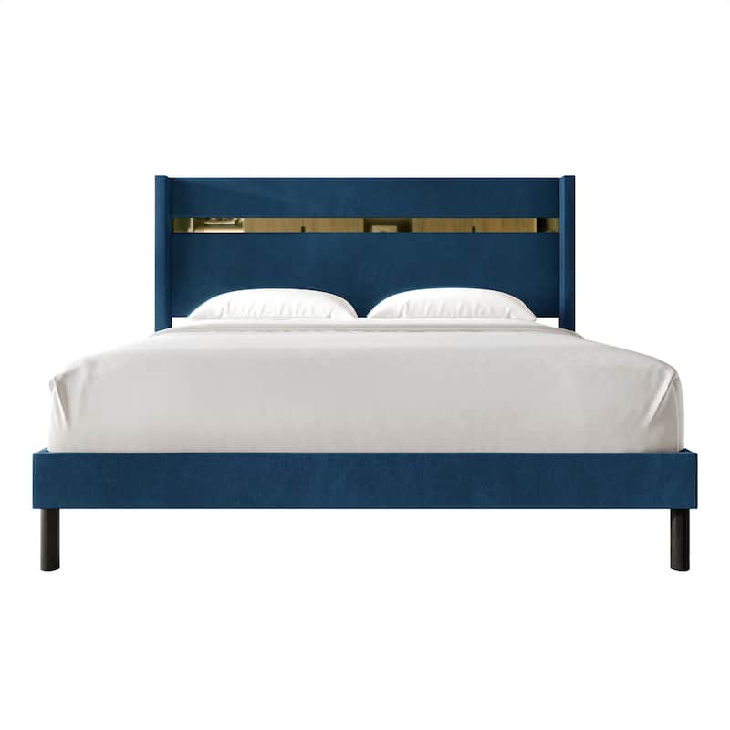 CraftPorch Glam Wingback Velvet Upholstered Bed - Navy Blue - Full