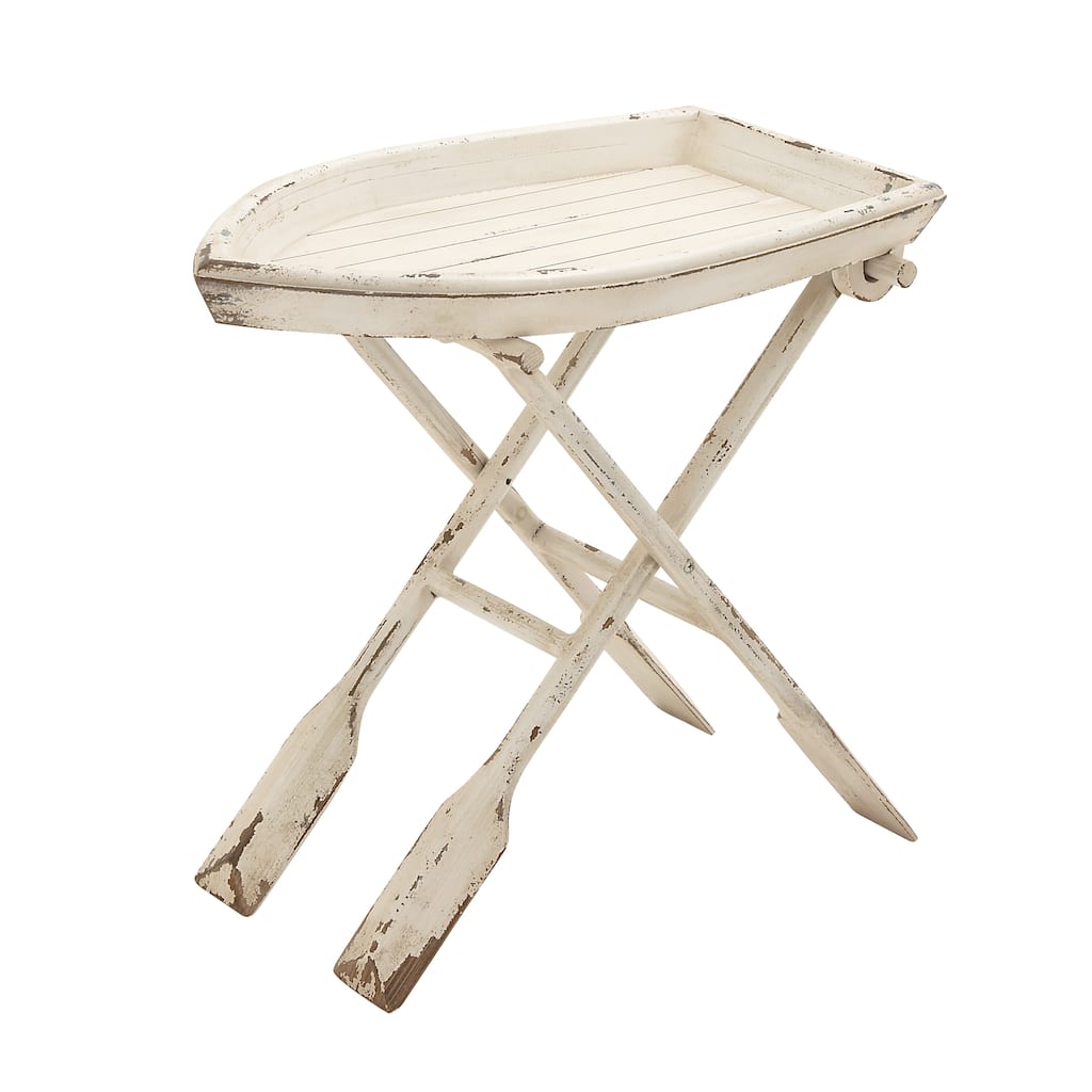 Wood Boat Shaped Tray Top Accent Table with Oar Inspired Legs - White - Roche River Decor