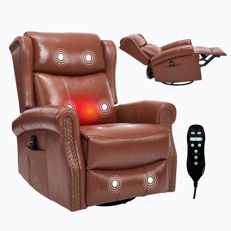 360° Swivel Rocking Recliner with Heat & Massage, Genuine Leather