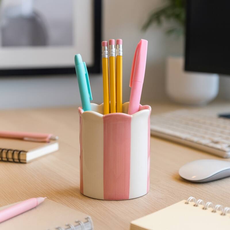 Boho Striped Ceramic Storage Container with Scalloped Rim - 4"