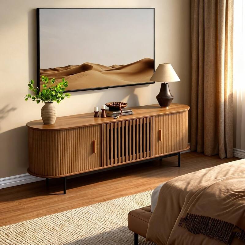 70" Wood TV Stand for TVs, Fluted Mid-Century Modern Media Entertainment Center with Hidden Storage