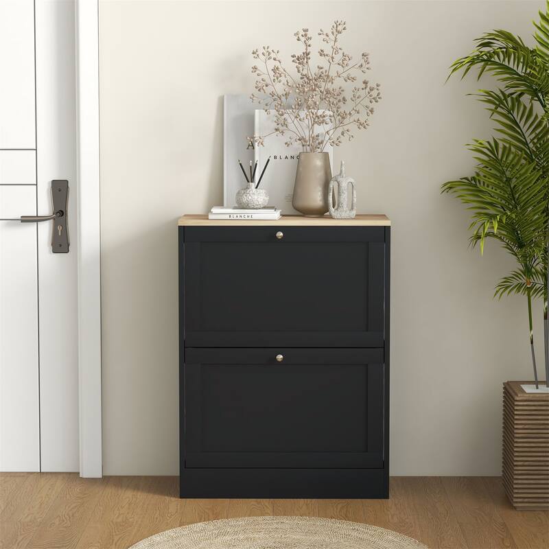 Hidden Shoe Storage Cabinet with 2 Flip Drawers and Adjustable Shelves
