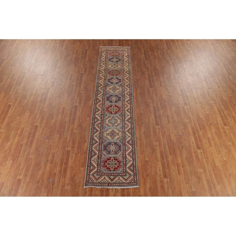 Geometric Kazak Oriental Runner Rug Hand-Knotted Wool Carpet - 2'8" x 12'2"