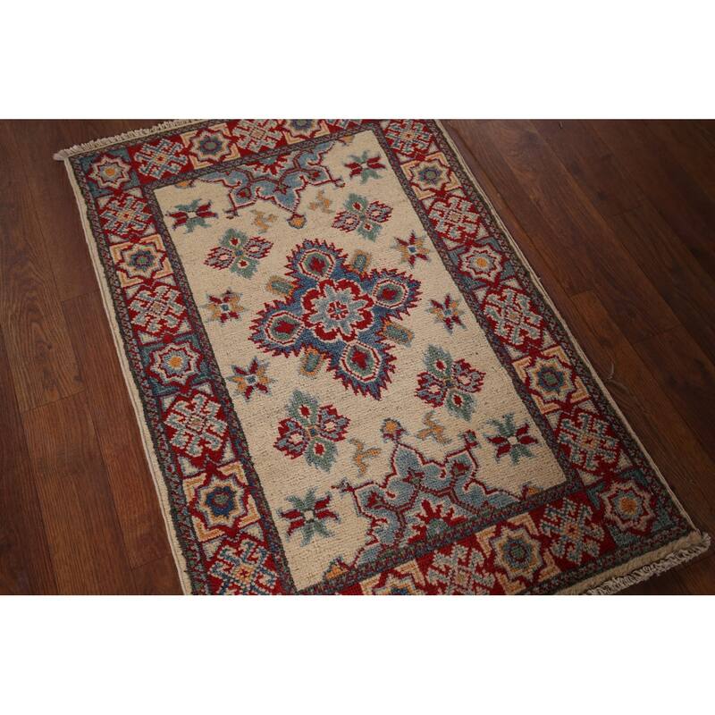Geometric Kazak Foyer Rug Hand-Knotted Beige Wool Carpet - 1'11" x 2'11"