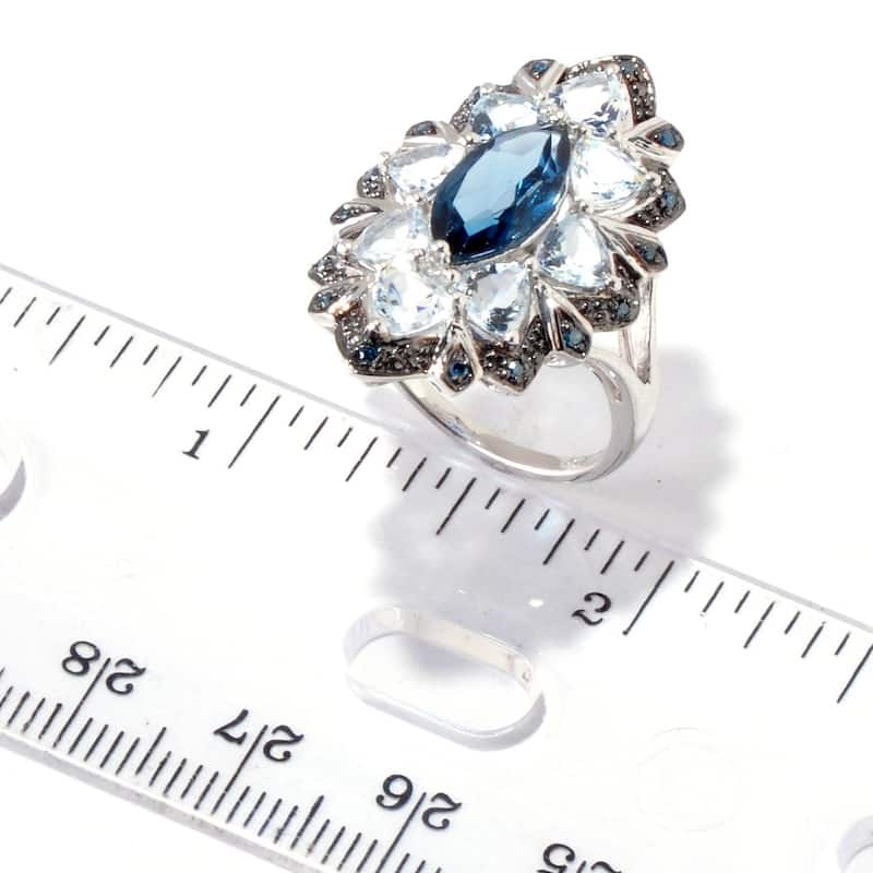 925 Sterling Silver London Blue Topaz, Aquamarine and Blue Diamond Cocktail Rings