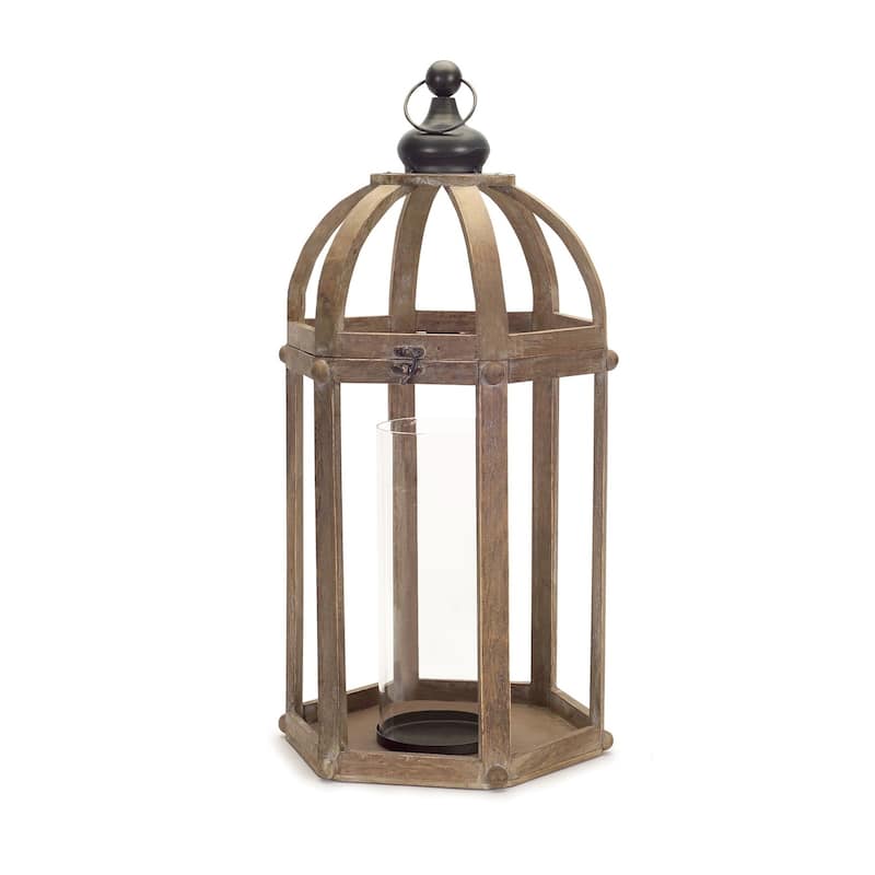 Set of Two Brown Wood and Glass Floor Lantern Candle Holders - One Size