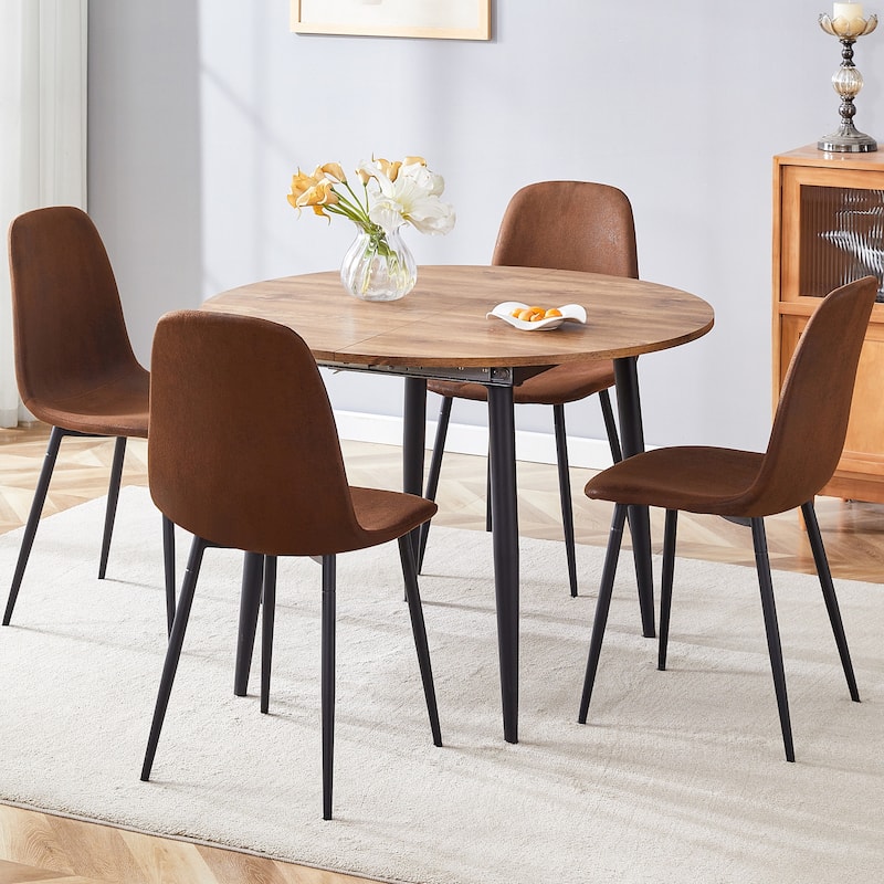 Wood Kitchen Table Set with 4 Chairs, 5-Piece Round Dining Set with Extendable Dining Table for Dining Room