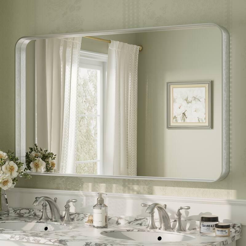 Aluminum Alloy Framed French Cleat Mounted Tempered Glass Wall Vanity Mirror - 48" x 30" - Silver