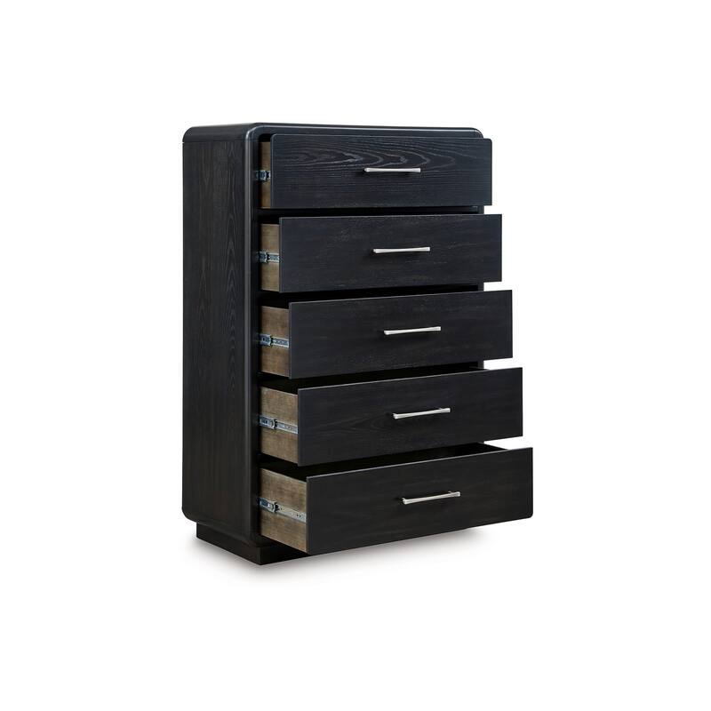 Robeck Tall Dresser Chest, 5 Drawer, Black 57 Inch, Silver Metal Handles
