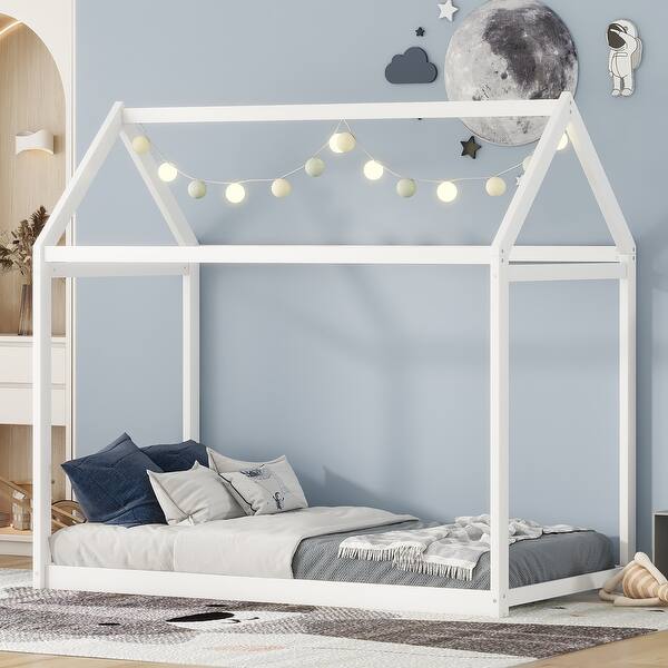 slide 2 of 18, Low House Bed for Kids, Solid Pine, Safe Height White