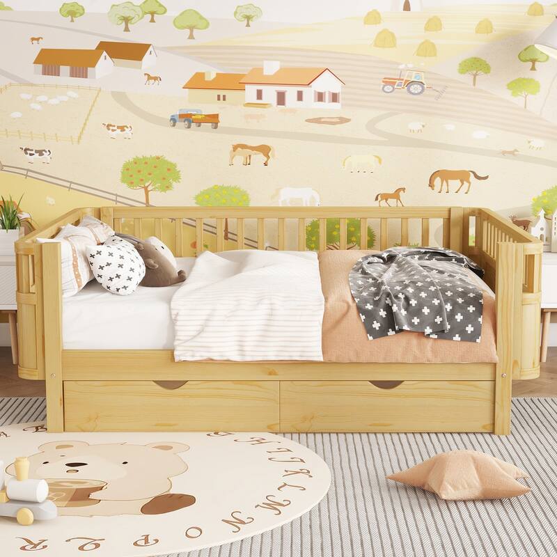Full Size Wood Platform Bed for Kids, Wood Low Profile Full Bed with Rails for Girls and Boys, White