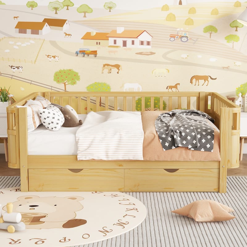 Wooden Kids Bed with 2 Storage Drawers, Guardrails and Removable Side Rail, Rounded Corners Frame Montessori Bed, Toddler Bed