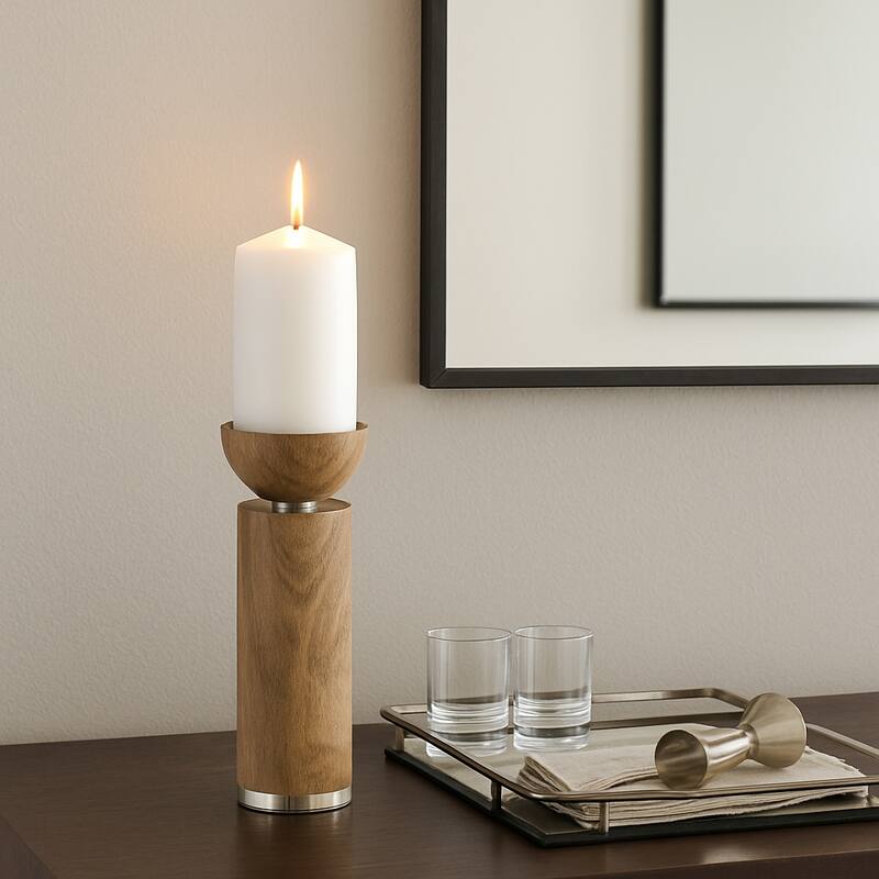 Wood Taper Candle Holder Acrylic Detail - Brown - 11.0"
