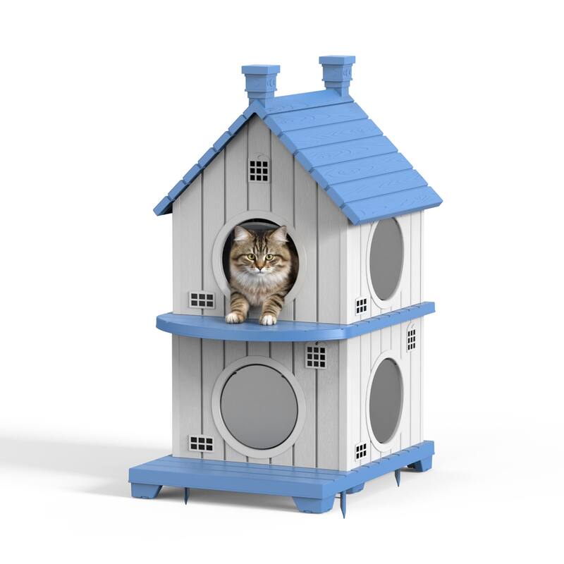 Slanted Roof Cabin Pet House with Porch, Multi-Level Stackable Shelter for Indoor Outdoor Use, for Cats Small Dogs Rabbits - Blue B