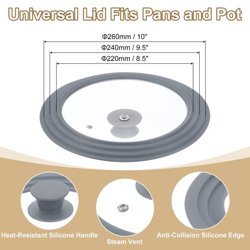 1 Pcs Universal Lid for Pot Pans Cookware - Gray - Fit 8.5, 9.5, 10 Inch