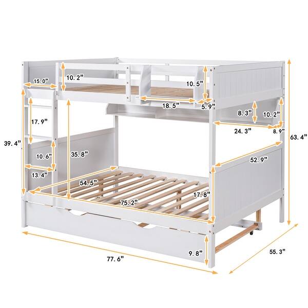 dimension image slide 0 of 3, Full Over Full Bunk Bed with Twin Trundle and Bookshelf, Solid Pine Wood Frame, Separable Design, for Kids and Teens