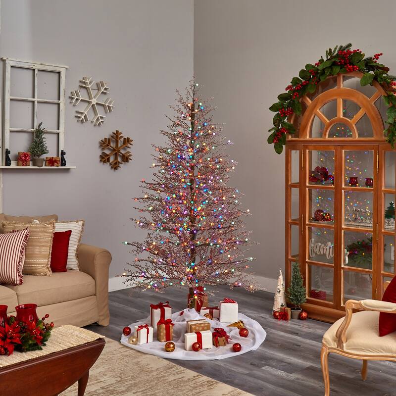 7ft. Frosted Berry Twig Artificial Christmas Tree with 450 Multicolor Gum Ball LED Lights & 1192 Branches - Vibrant X-Mas Tree