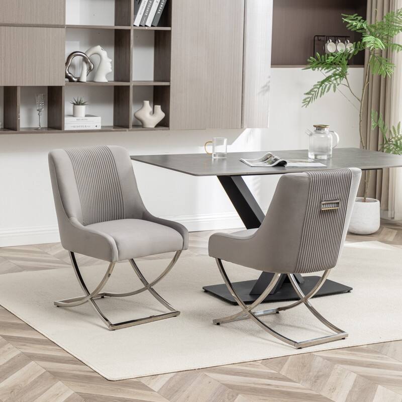 Modern Contempoary Velvet Dining Chair Set of 2 with Metal Frame Legs and Back Pull - Grey