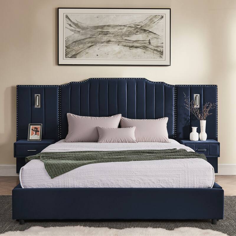 Queen Size Upholstered Bed Frame , Vertical Stripe Design with Buttons Around Platform Bed with Headboard