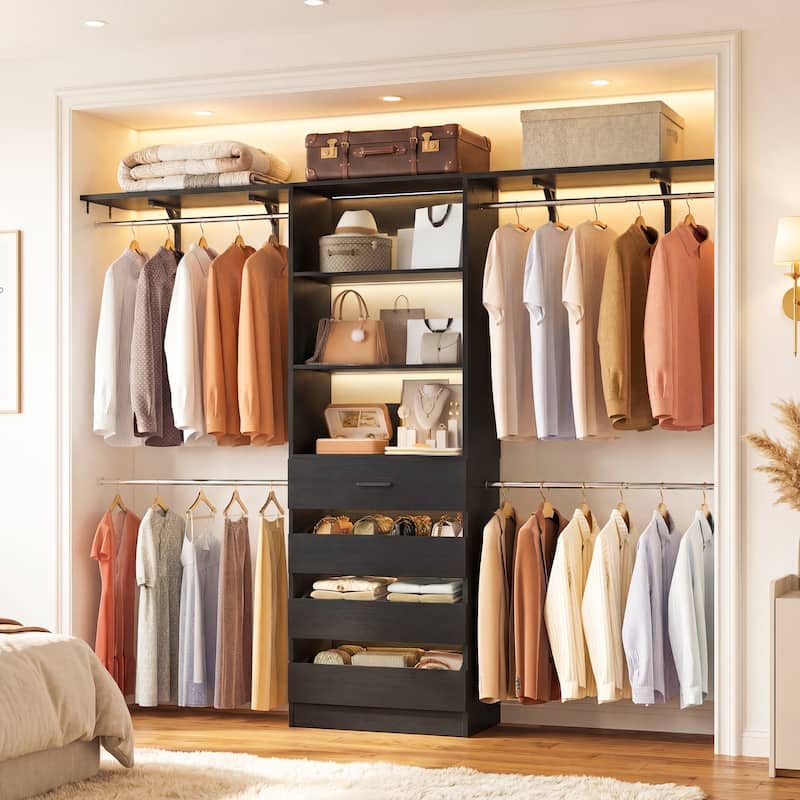 96'' Closet Organizer System with Wood Drawers, Wardrobe with Storage Shelves and 4 Hanging Rods - Black