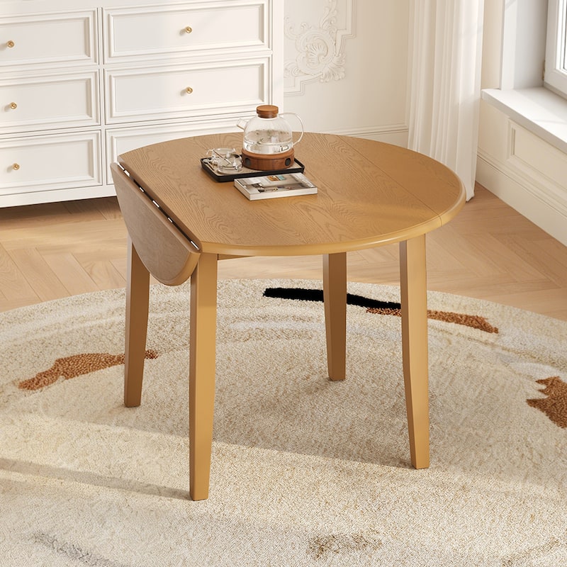 Extendable Round Wood Dining Table with Folding Leaf for Small Spaces - Oak