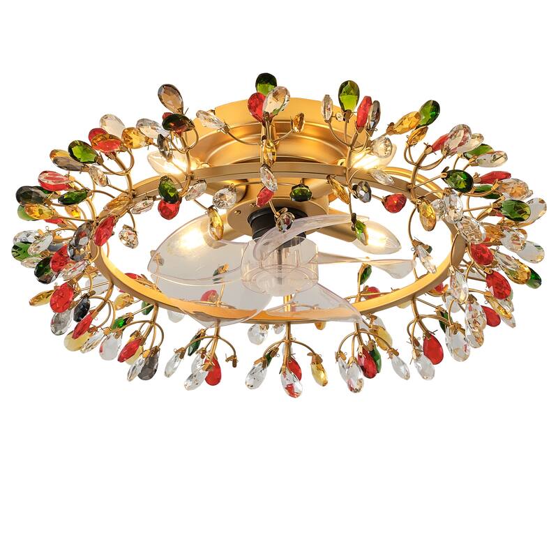 23" Modern Gold Flush Mount Crystal Ceiling Fan with Light and Remote