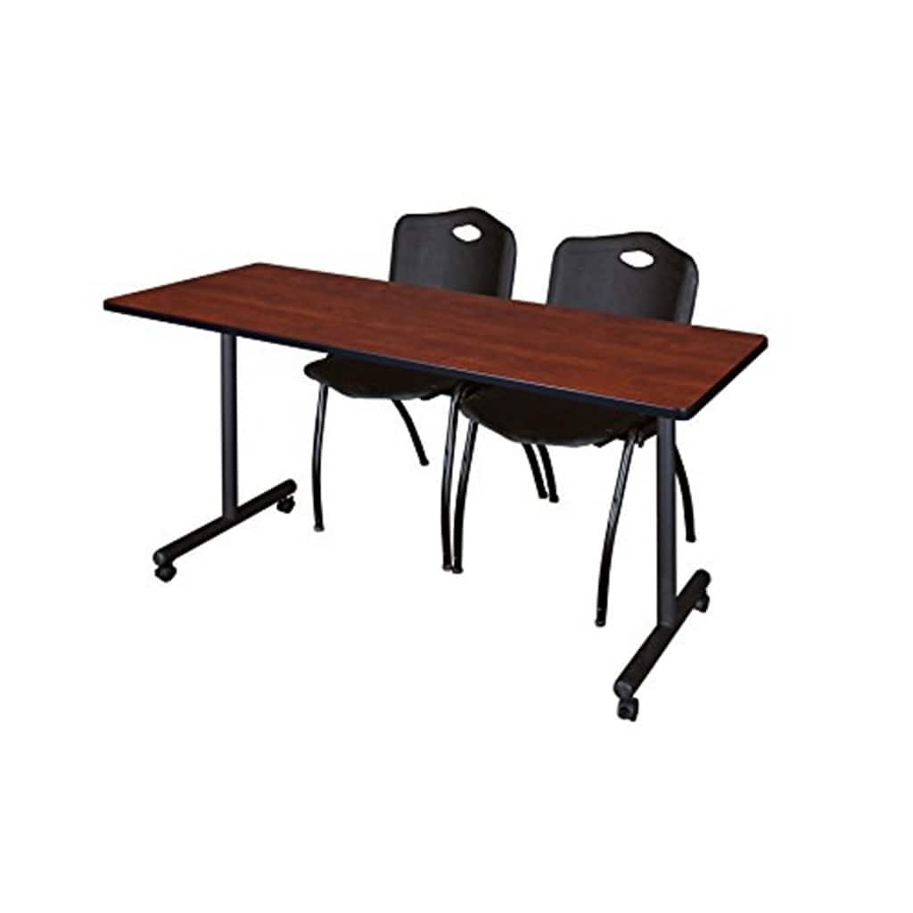 66" x 24" Mobile Training Table- Cherry & 2 'M' Stack Chairs- Black