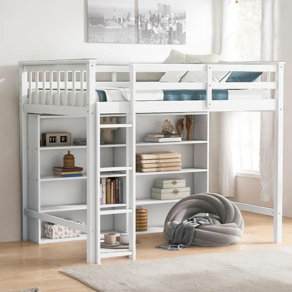 slide 2 of 12, Twin Size Loft Bed with 8-Open Storage Shelves and Built-in Ladder, White White