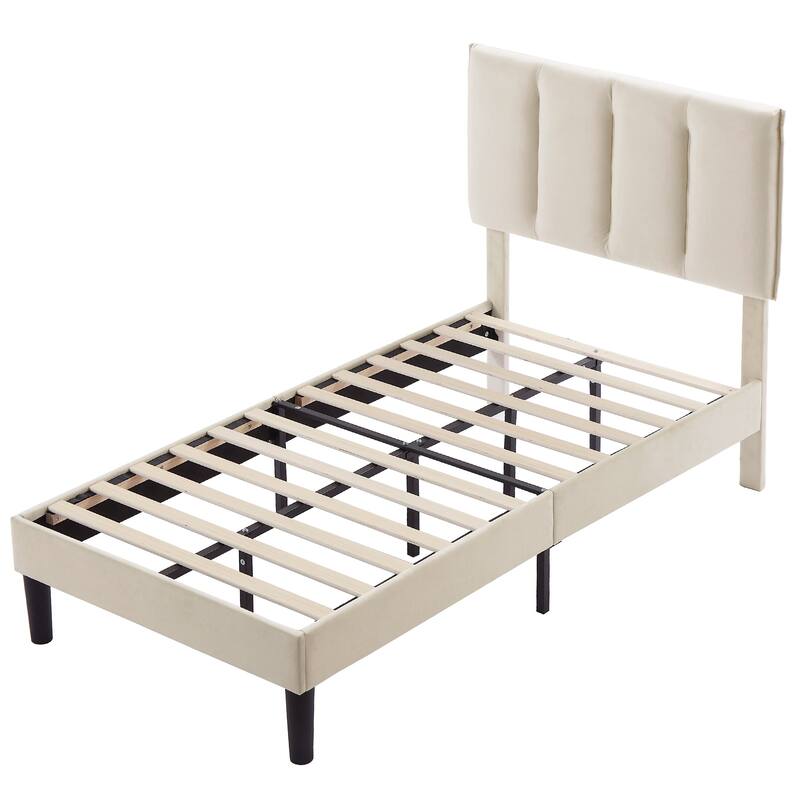VECELO Beige Tufted Upholstered Platform Bed Frame with Adjustable Height Headboard-Twin/Full/Queen Size Beds