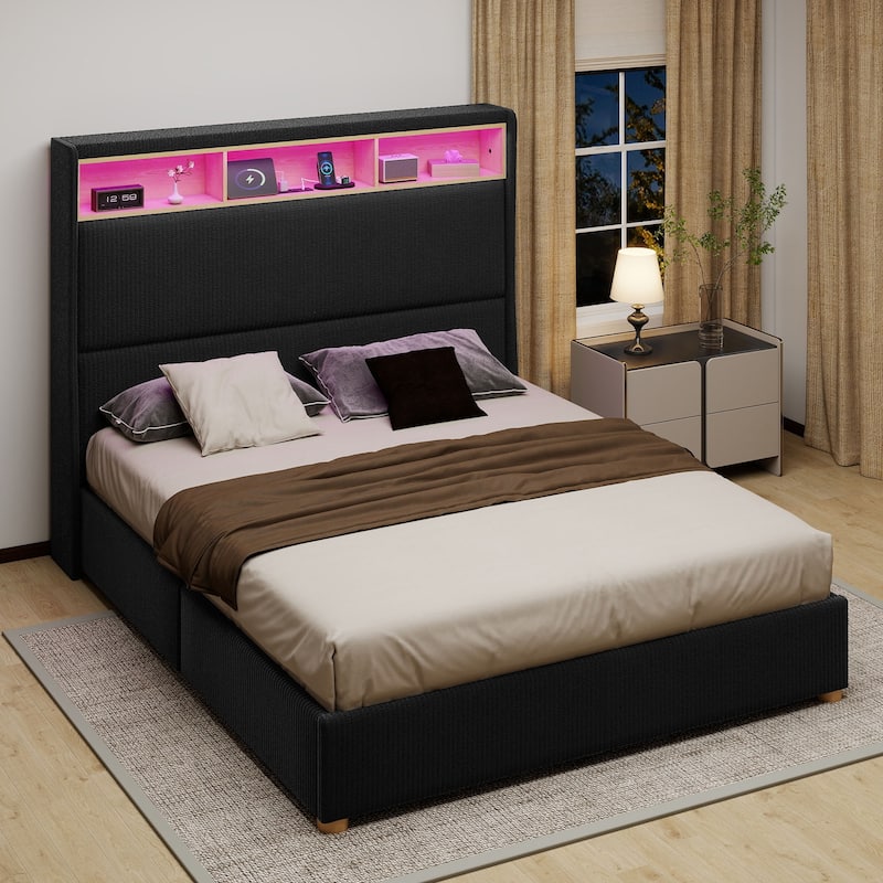Moasis Corduroy Upholstered Platform Bed Frame with Charging Station and RGB LED Lights - Black - Queen