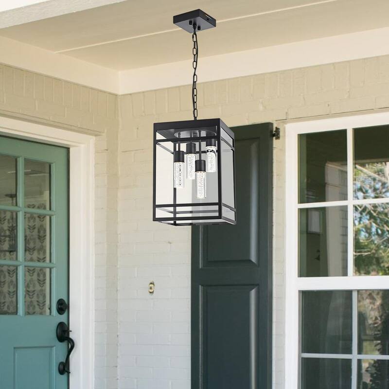 Outdoor LED Pendant Light Fixtures for Porch, 4 Light 5CCT Outdoor Pendant Light, Black LED Integrated Bulbs Hanging Lantern