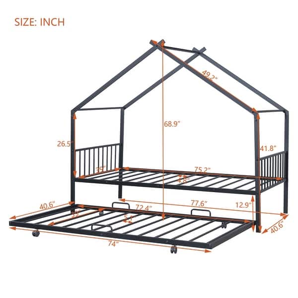 dimension image slide 0 of 3, Twin Size Metal House Bed with Trundle and Roof for Kids' Rooms