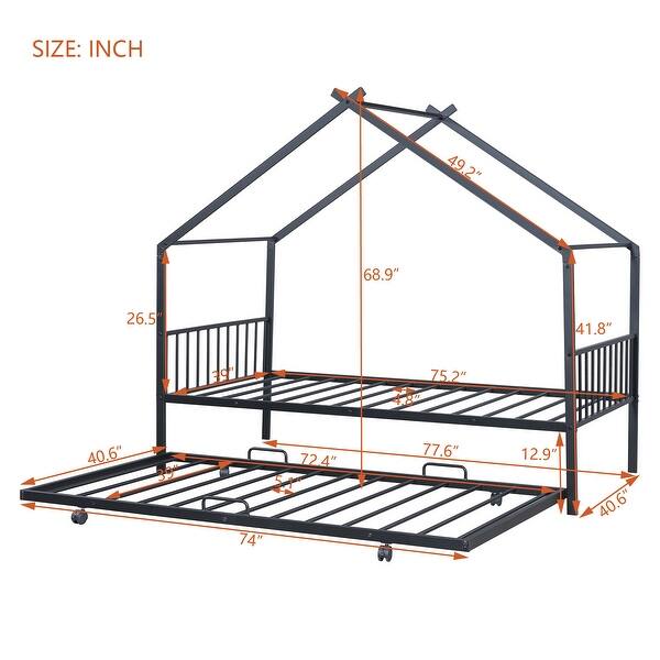 Twin Size Metal House Bed with Twin Size Trundle, Black House-shaped Frame with Roof for Kids Daybed Platform Bed
