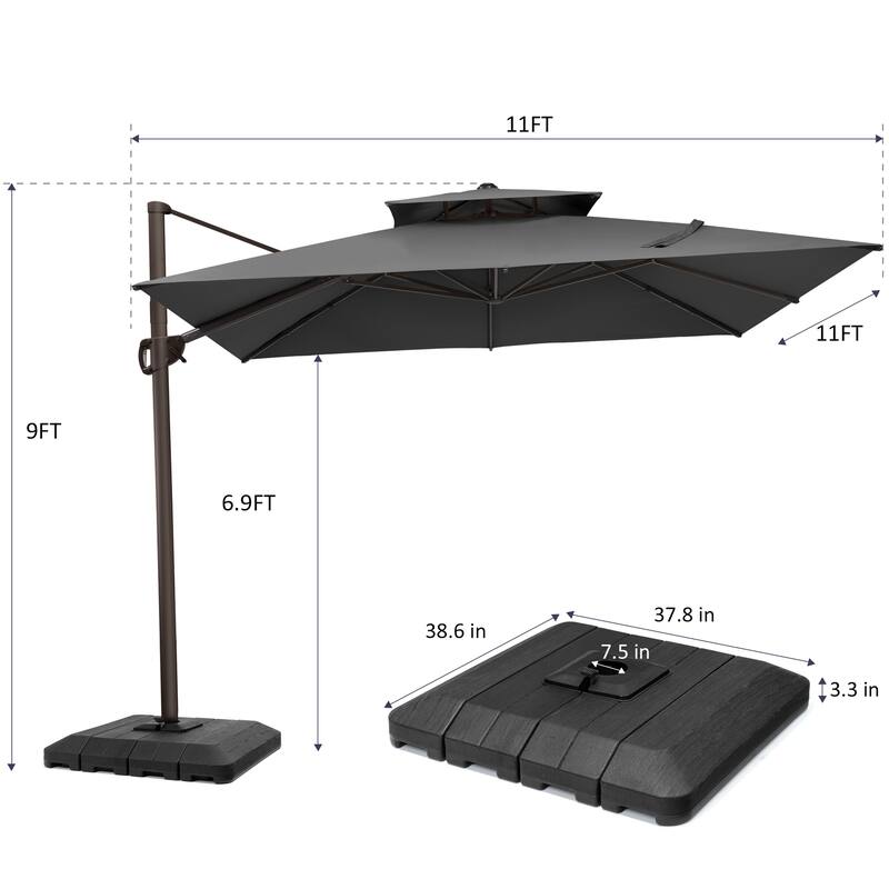 Pellebant 11 ft Patio Cantilever Offset Umbrella Double Top with Base