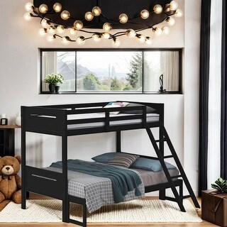 Square Design Twin/Full Wood Bunk Bed with Ladder