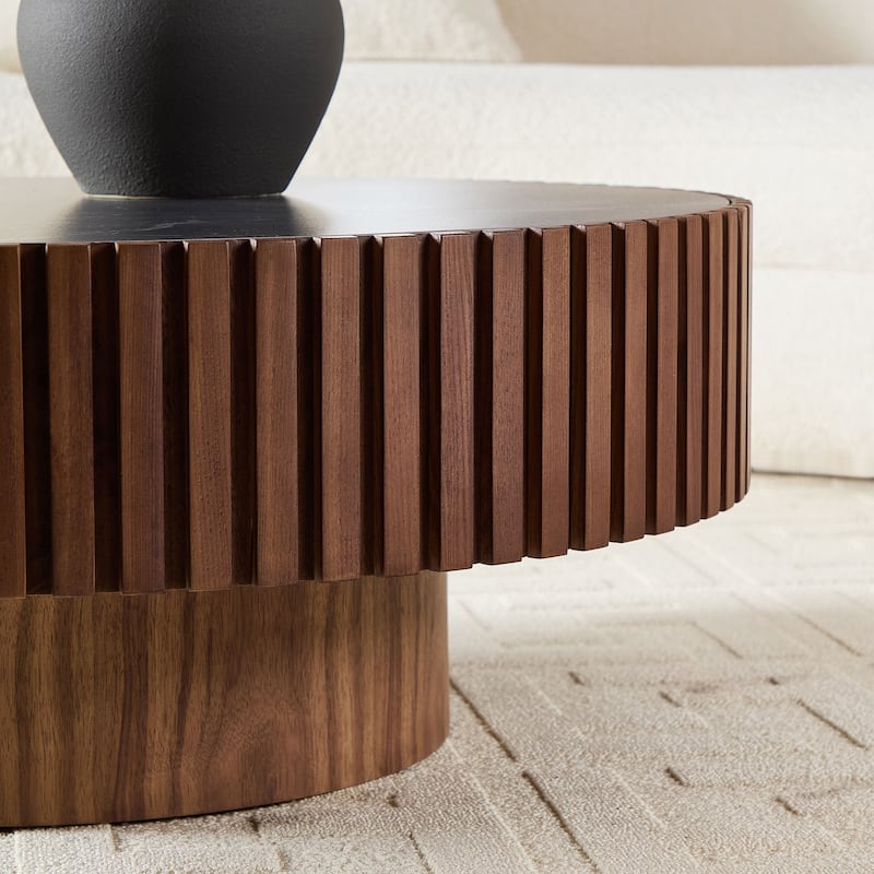 Luxury Round Coffee Table with Faux Marble Top, 35.43" Modern Low Drum Shape Cocktail Table for Living Room, Reception Room