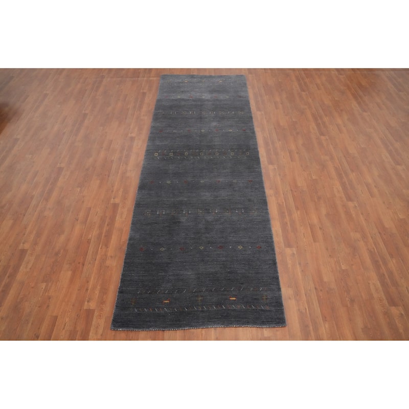 Hand Knotted Oriental 100% Wool Carpet Tribal Animal Pictorial Greys & Charcoal Gabbeh Runner Rug - 11' 9'' X 3' 11''