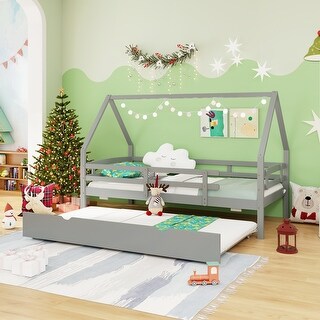 Twin House Bed with Trundle and Fence Rail Perfect for Sleepovers