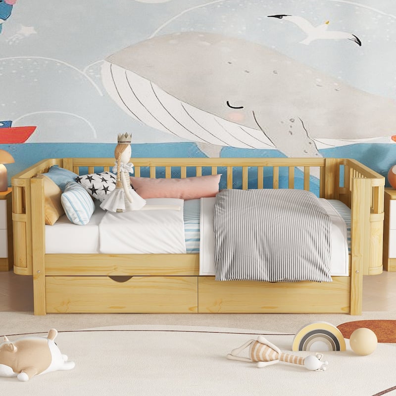 Twin Size Wood Platform Bed for Kids, Wood Low Profile Twin Bed with Rails for Girls and Boys