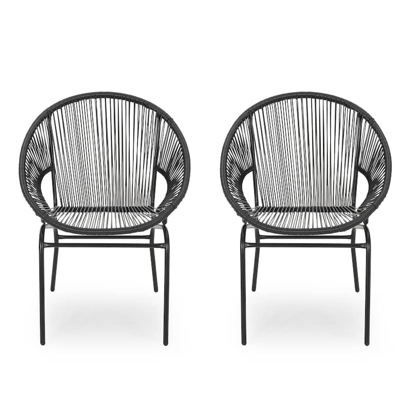 Sanu Outdoor Accent Chair Set of 2, PE Rattan, Black Iron, Round Backrests