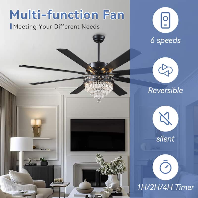 52" or 62" Crystal Ceiling Fan Chandelier with Lights,Remote Control, Timer,Reversible Motor