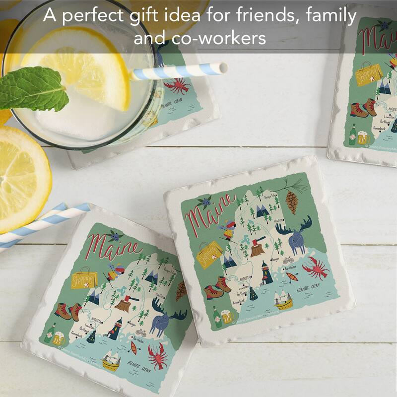 Maine 4-Pack Absorbent Stone Coasters with Protective Cork Backing 4" Square Made in The USA Artistic Easily Wipes Clean