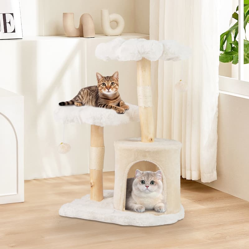 Cute Solid Wood Cat Tree Natural Branch Modern Flower Cat Tower with Sisal Scratching Posts - 19" x 16" x 32"